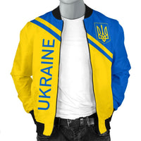 Bomber jacket front view, standing collar, black zipper, Ukraine trident logo badge