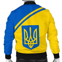 Back view bomber jacket, blue & yellow diagonal stripe, large Ukraine emblem on back