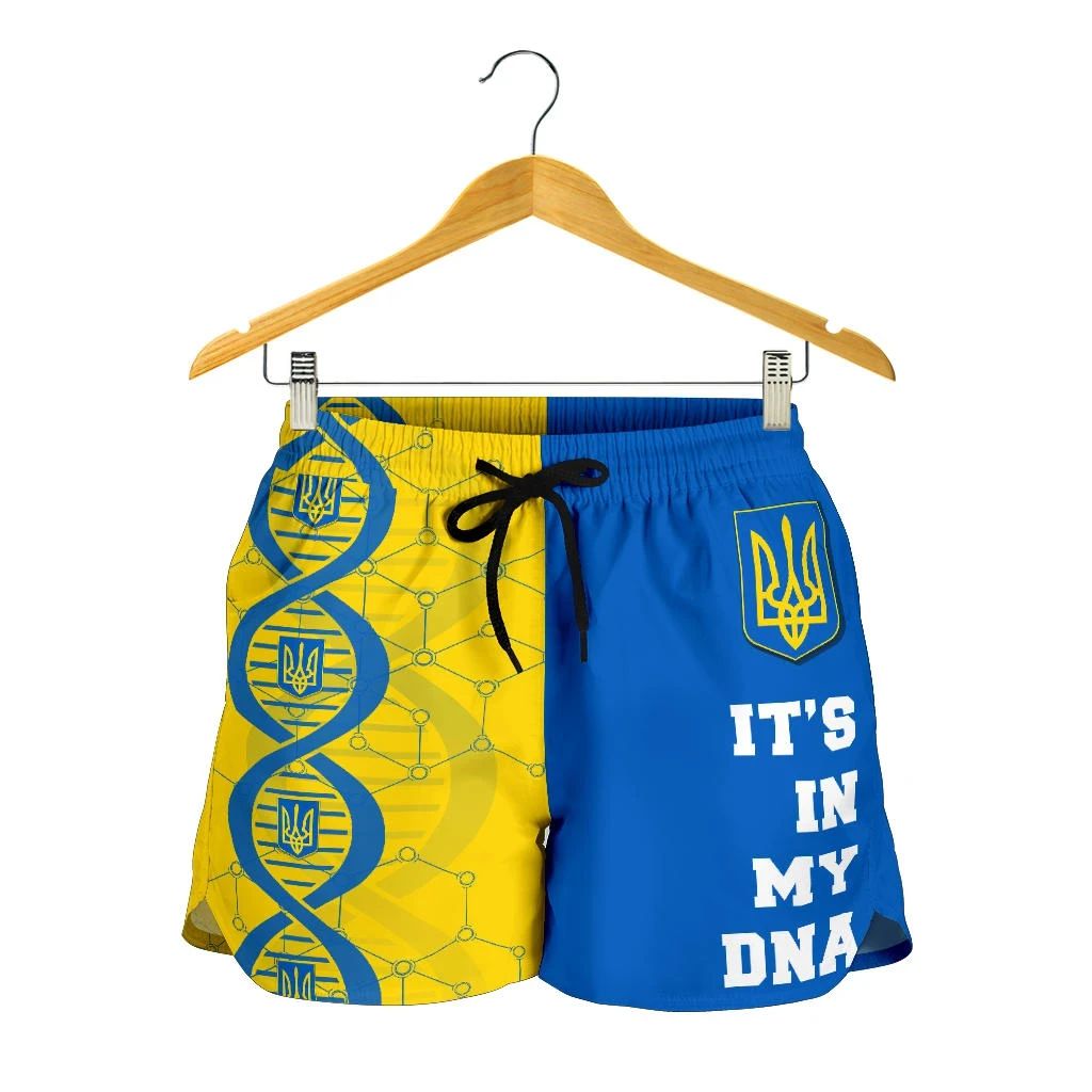 Hanging women’s blue shorts with yellow DNA panel, elastic waist, drawstring