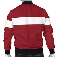 Back view of red and white striped bomber jacket with black waistband and cuffs