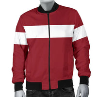 Red, white striped bomber jacket with black zip, collar, and cuffs