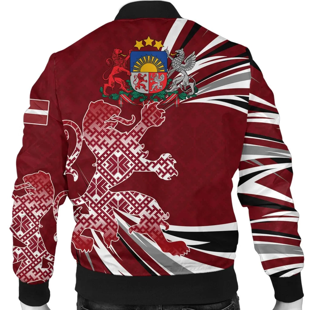 Red multicolor bomber jacket back view with lion and Latvian flag graphics