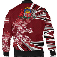 Red multicolor bomber jacket back view with lion and Latvian flag graphics