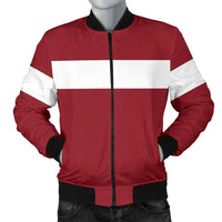 Red and white striped bomber jacket with black zipper and ribbed cuffs