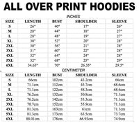 Hoodie size chart with inches and centimeters: length, bust, shoulder, sleeve