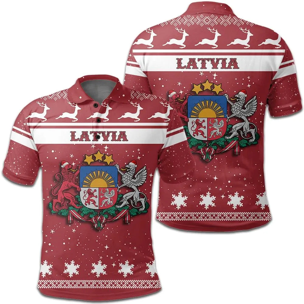 Christmas polo shirt with Latvia coat of arms, reindeer and snowflake pattern, red