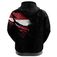 Black pullover hoodie with red stripe grunge print on back, drawstring hood