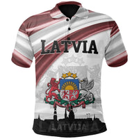 Latvia polo shirt with red-and-white striped collar and large Latvia crest graphic, front