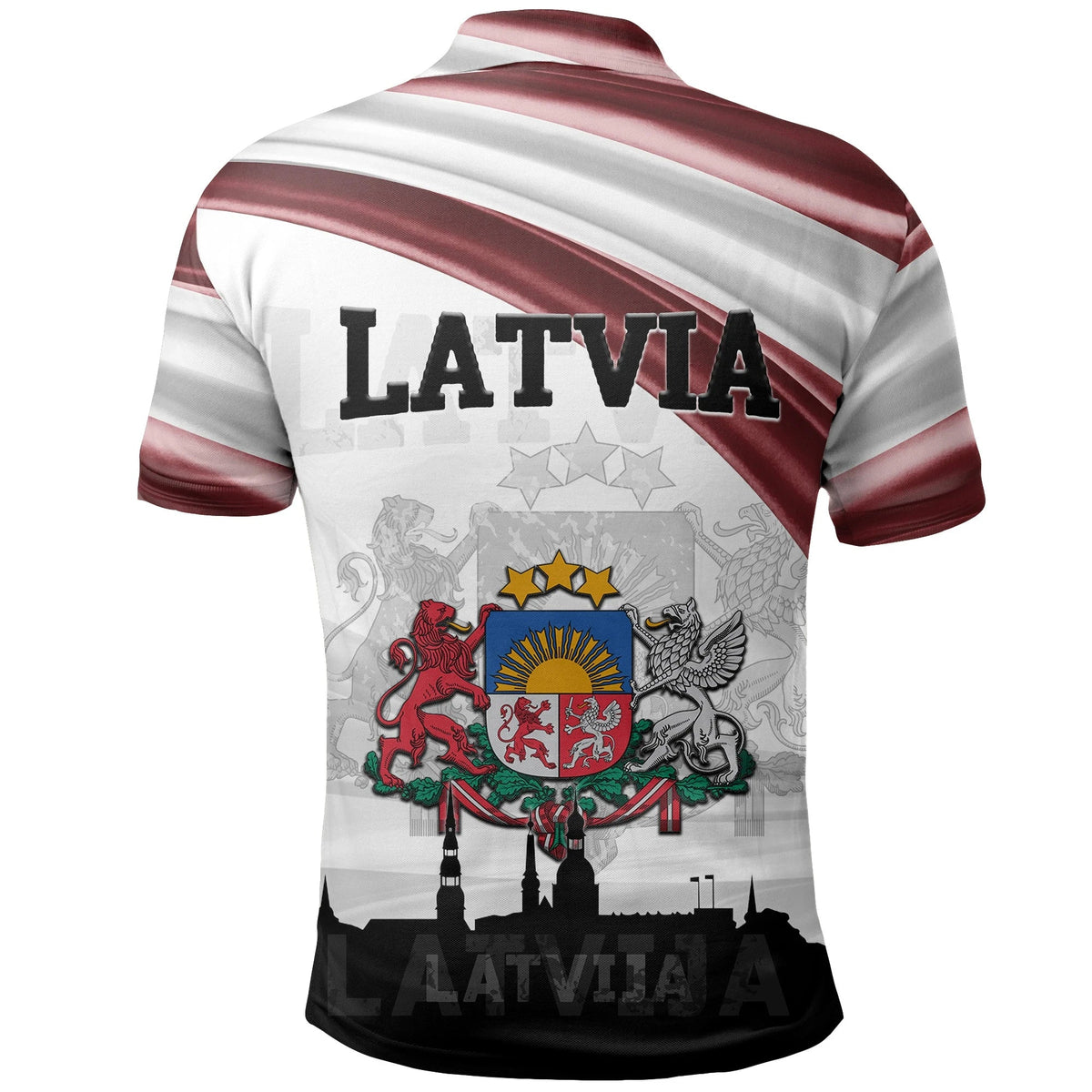 Latvia polo shirt back view with 'LATVIA' text and red-and-white diagonal stripe design