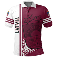 Maroon and white polo shirt with button collar, Latvija vertical text, star and sun graphic
