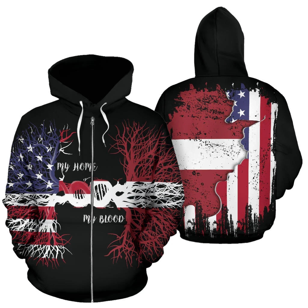 Zip Hoodie schwarz, Front- und Rückansicht mit Root-DNA-Design in rot, blau, weiß