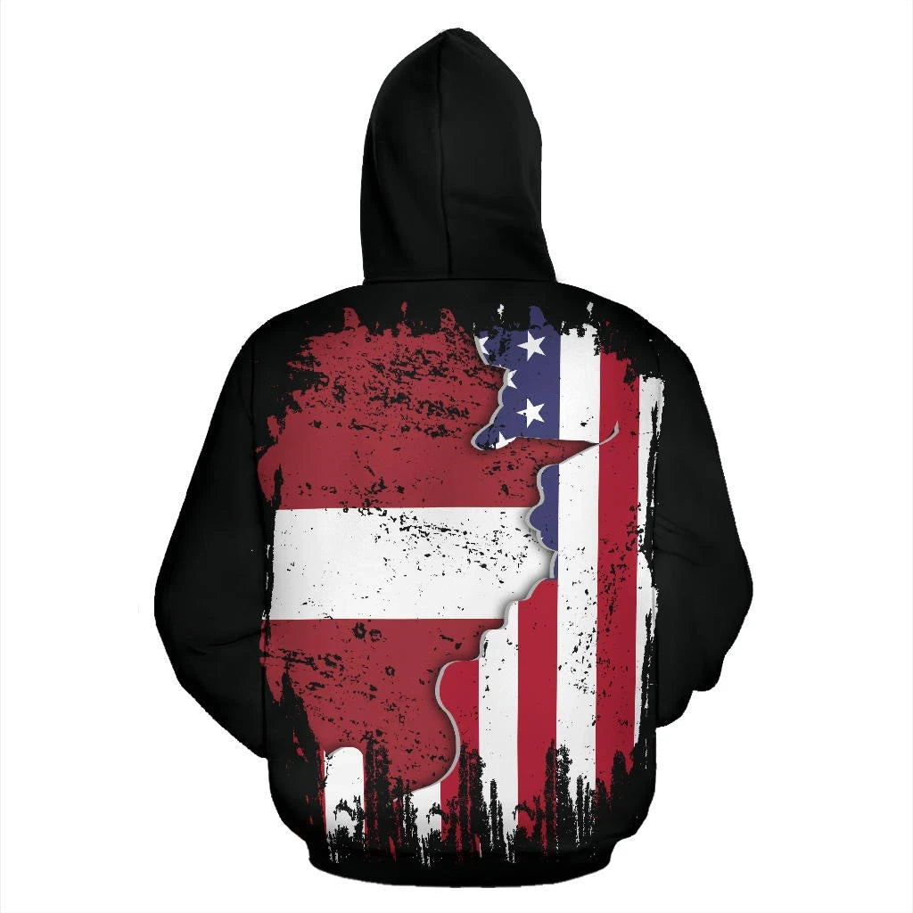 Zip Hoodie, schwarz, Rückenprint mit USA-Flaggenmotiv in rot, weiß, blau