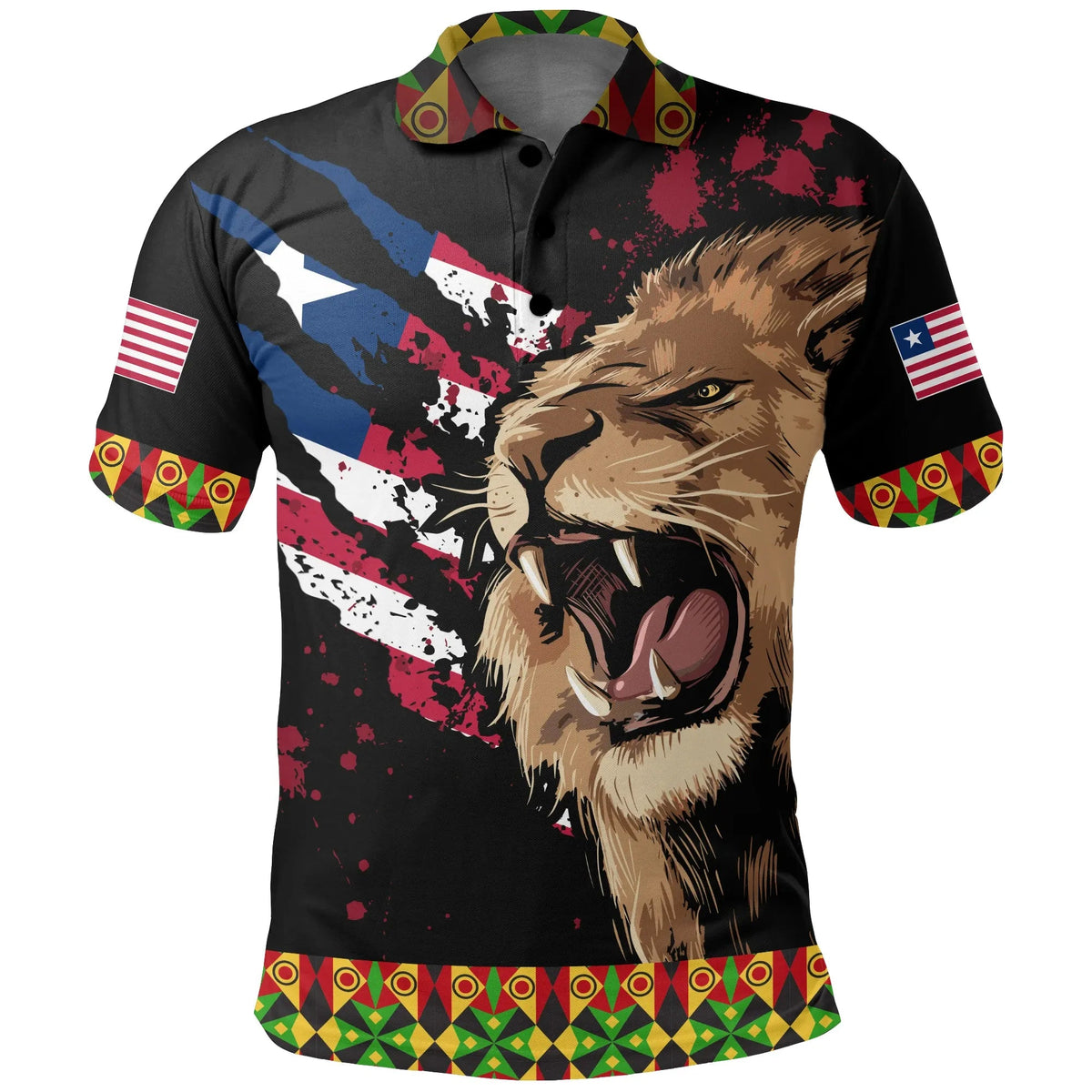 Rasta lion polo shirt in black with Liberia flag graphics and patterned collar