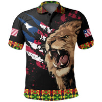 Rasta lion polo shirt in black with Liberia flag graphics and patterned collar
