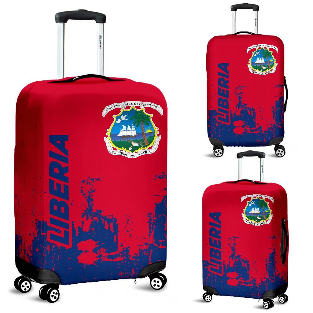 Liberia luggage cover, red/blue smudge print with crest, wheels and handle