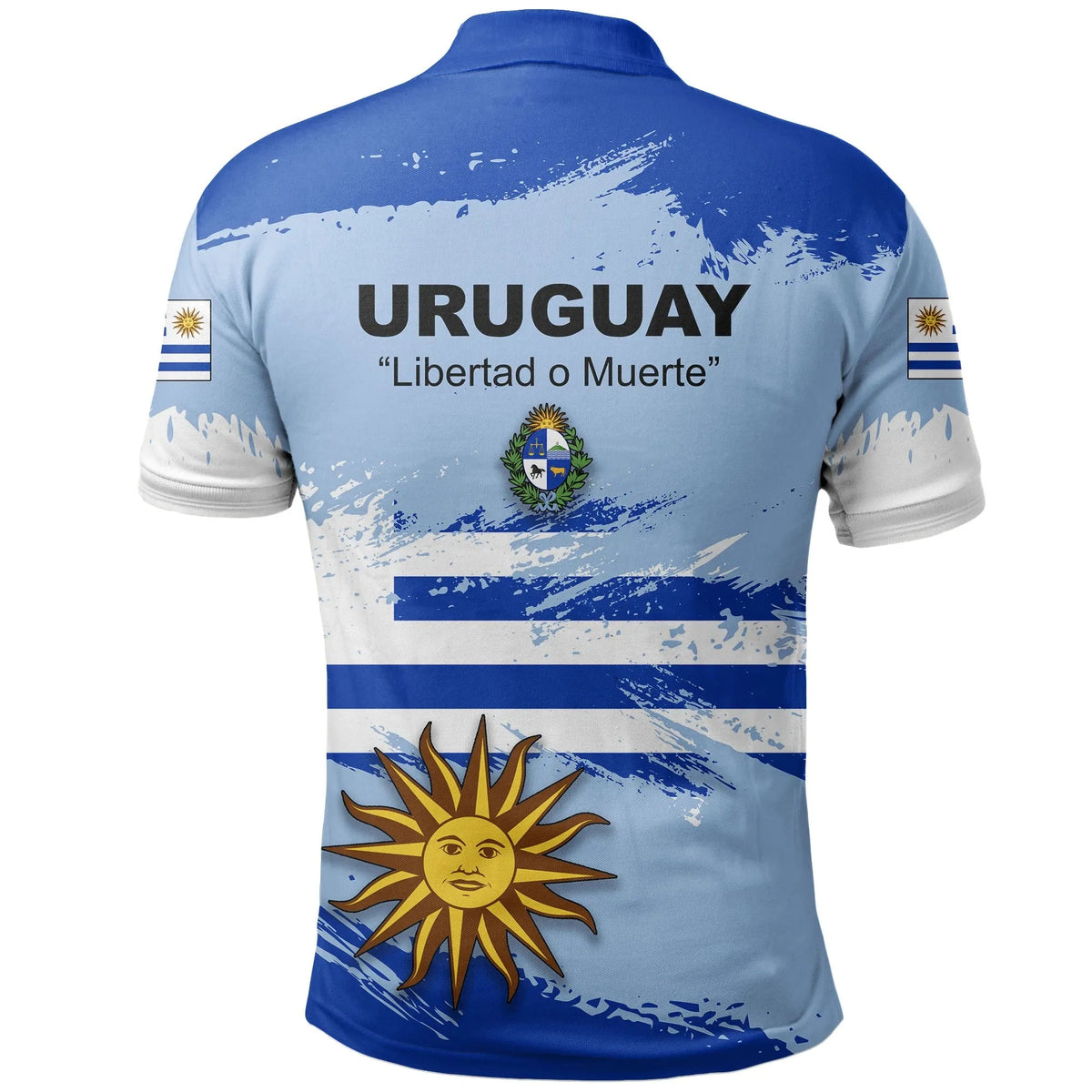 Back Uruguay polo shirt with URUGUAY text, sun crest and blue-and-white stripes