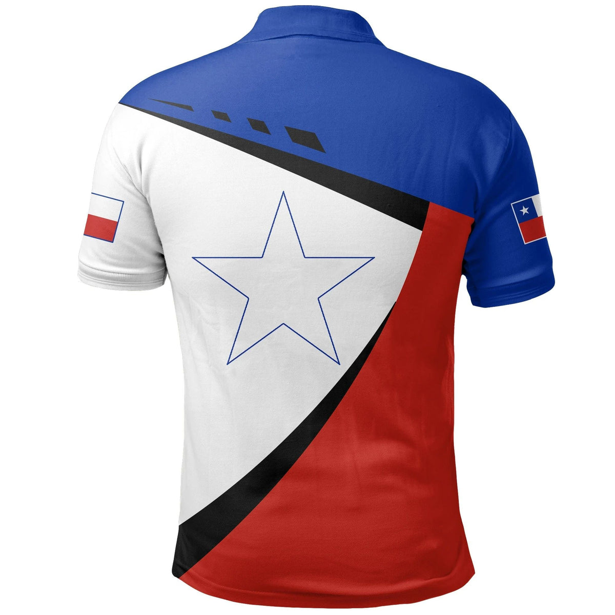 Chile polo shirt, back view with large white star on diagonal blue, red, and black stripes