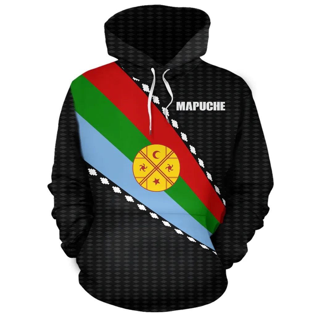 Black pullover hoodie with Mapuche flag diagonal print and checker texture