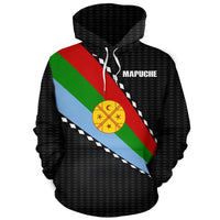 Black pullover hoodie with Mapuche flag diagonal print and checker texture