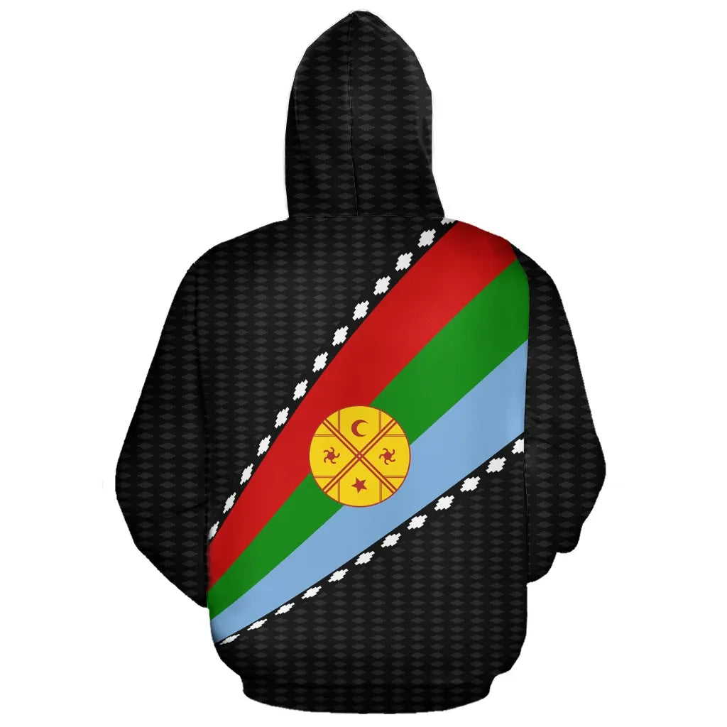 Black pullover hoodie with Mapuche flag diagonal print on back, checkered texture