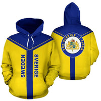 Yellow & blue Sweden crest pullover hoodie, front/back views, hood with drawstrings