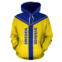Yellow pullover hoodie with blue center stripe, 'SWEDEN' and 'SVERIGE' vertical text