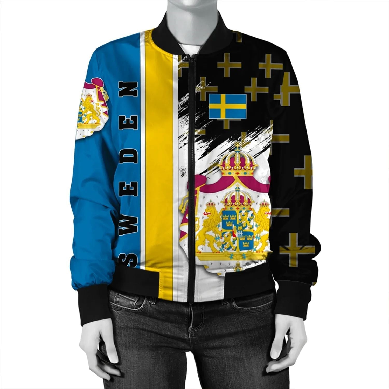 Sweden Coat Of Arms Women's Bomber Jacket Flag Style RLT7 - Wonder Print Shop