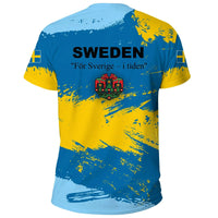 Sweden tee back: "SWEDEN" lettering and banner text, crest, blue/yellow splatter