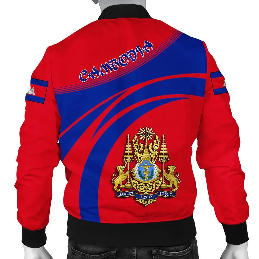 Men's bomber jacket with Cambodia emblem on back, red and blue diagonal stripe design
