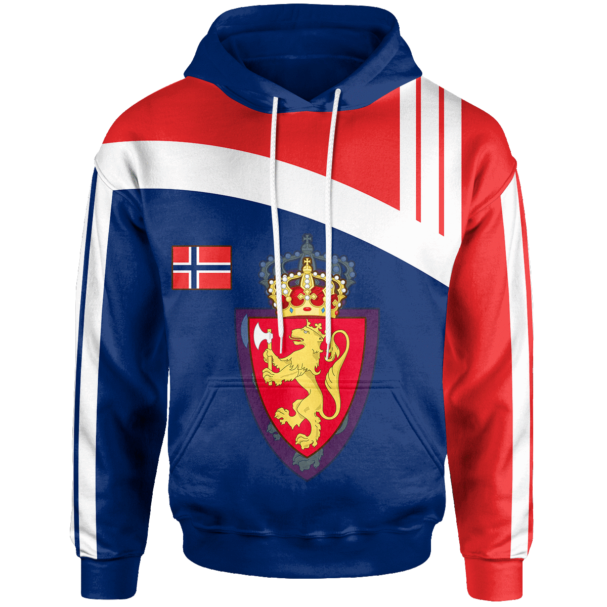 Blue pullover hoodie with Norway flag front graphic, hood and drawstring