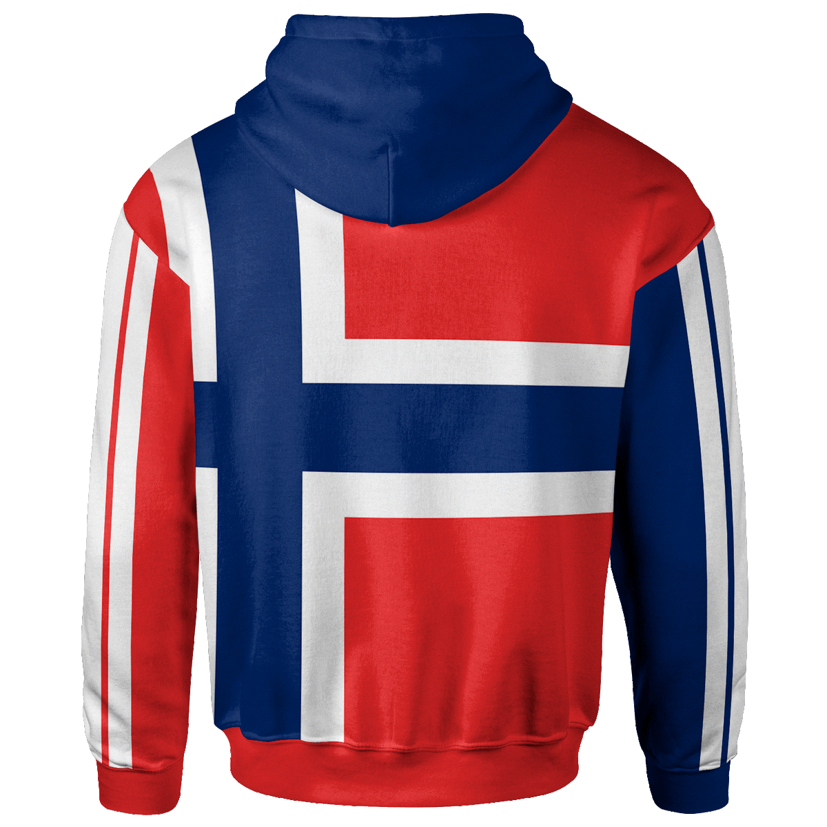 Blue pullover hoodie back with Norway flag graphic and hood