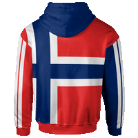Blue pullover hoodie back with Norway flag graphic and hood