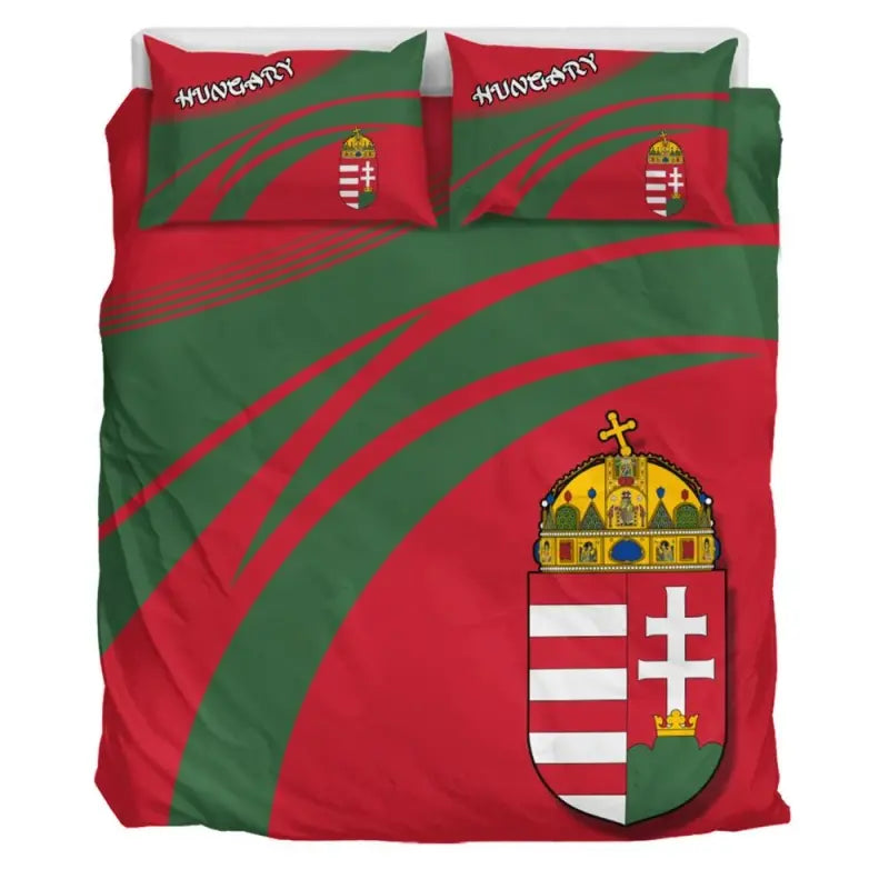 Duvet and pillow set featuring Hungary shield coat of arms, red-green stripes and crest