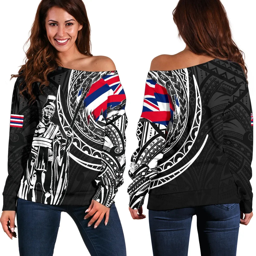 Womens off-shoulder sweater, black with white Polynesian print and red-blue flag graphic