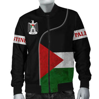 Black unisex bomber jacket with full zip; Palestine flag print and coat of arms on chest