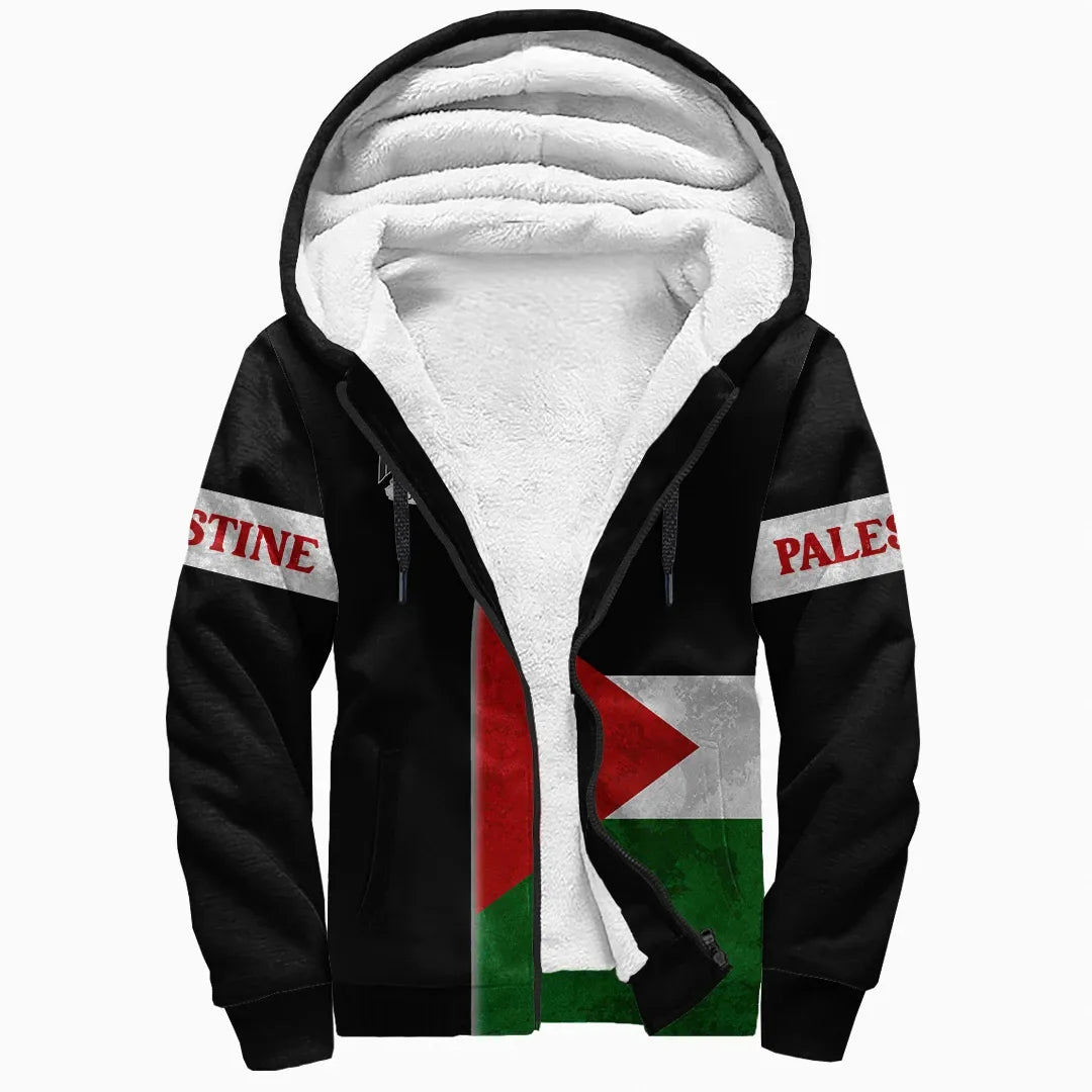 Black unisex sherpa hoodie with Palestine flag print, hood lining, and front zipper