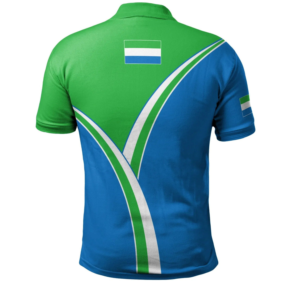 Back of green and blue Sierra Leone polo shirt with flag panel and diagonal V stripes