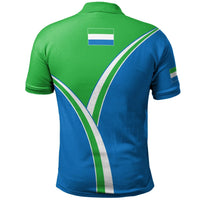 Back of green and blue Sierra Leone polo shirt with flag panel and diagonal V stripes