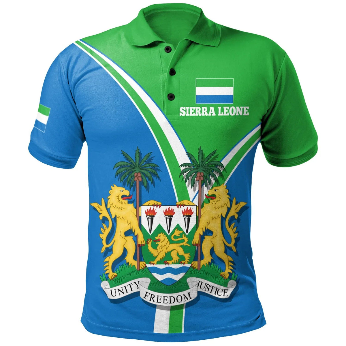 Green and blue Sierra Leone polo shirt with crest and lions graphic (front)