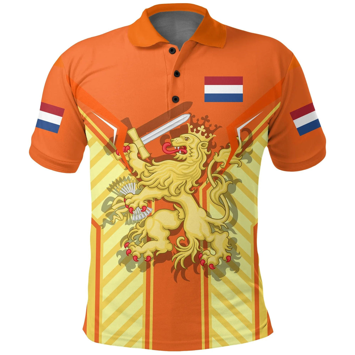 Orange polo shirt with Dutch flag sleeve stripes and lion coat of arms graphic