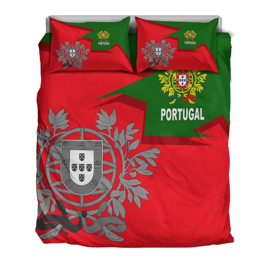 Red Portugal bedding set with coat of arms print on duvet and two pillowcases