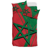 Morocco bedding set in red and green with black star on comforter and two pillowcases