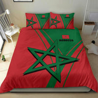 Morocco bedding set with red-green comforter and two pillows, black star graphic