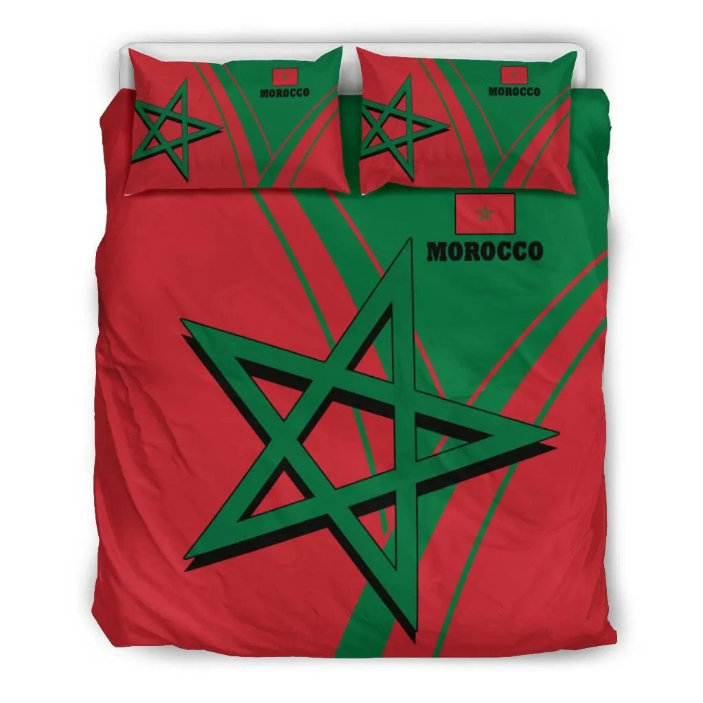Morocco bedding set with red-green comforter, black star design, green pillow panels