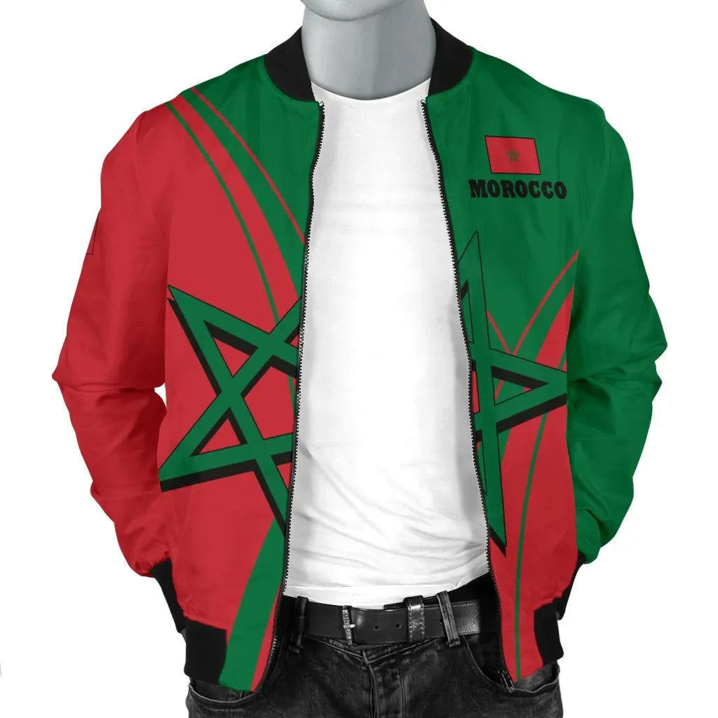 Red-and-green bomber jacket front, 'MOROCCO' logo patch above zip, star emblem center