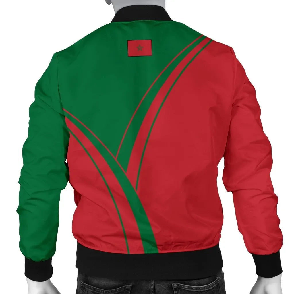 Back of Morocco bomber jacket in red-and-green with diagonal stripes and large star graphic