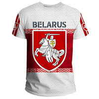 Belarus coat of arms T-shirt with light gray hex print, red crest, red sleeve accents