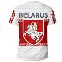 Front Belarus crest T-shirt: light gray hex pattern, red band, red sleeve accents