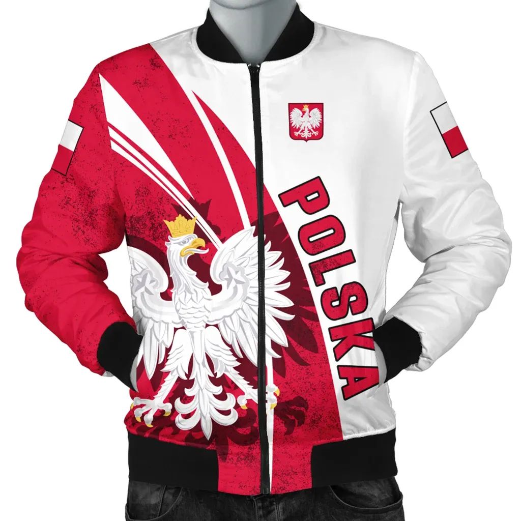 Men’s bomber jacket with Poland flag design, front zipper, and crest patch on white-red fabric