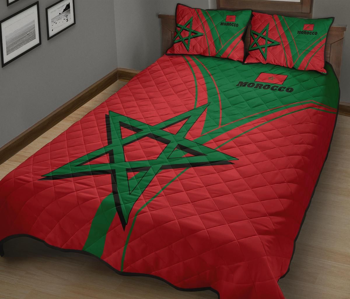 Red Moroccan quilt with bold green star design and two coordinating red-and-green pillows